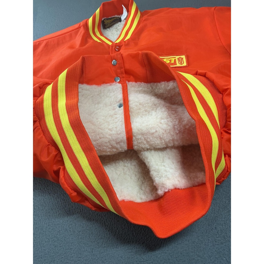 Vintage Swingster Jacket Mens XL Orange Varsity Sherpa Lined Snap Front 80s - Picture 7 of 11